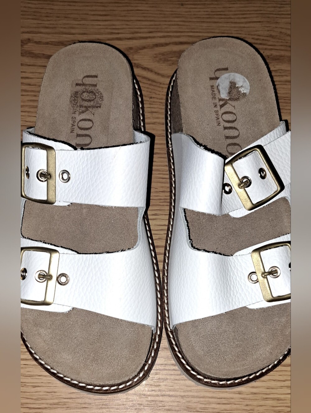 NWOT Yokono White Leather Double Strap Buckle Slide Sandals Made in Spain Sz 8